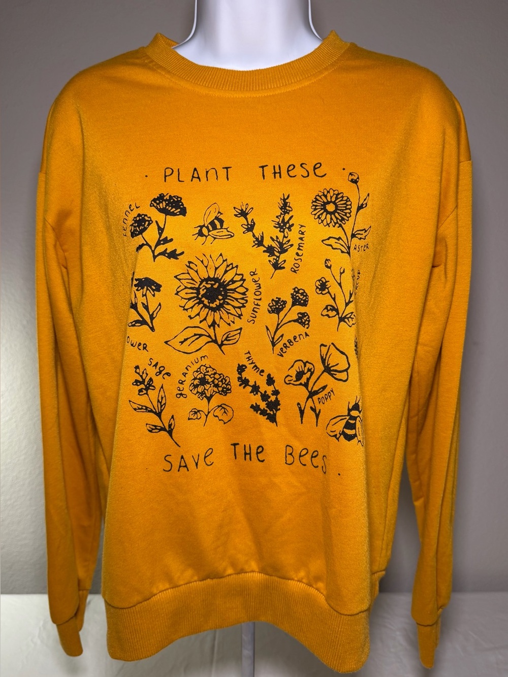 Romwe Mustard Yellow 'Plant These Save The Bees' Sweatshirt